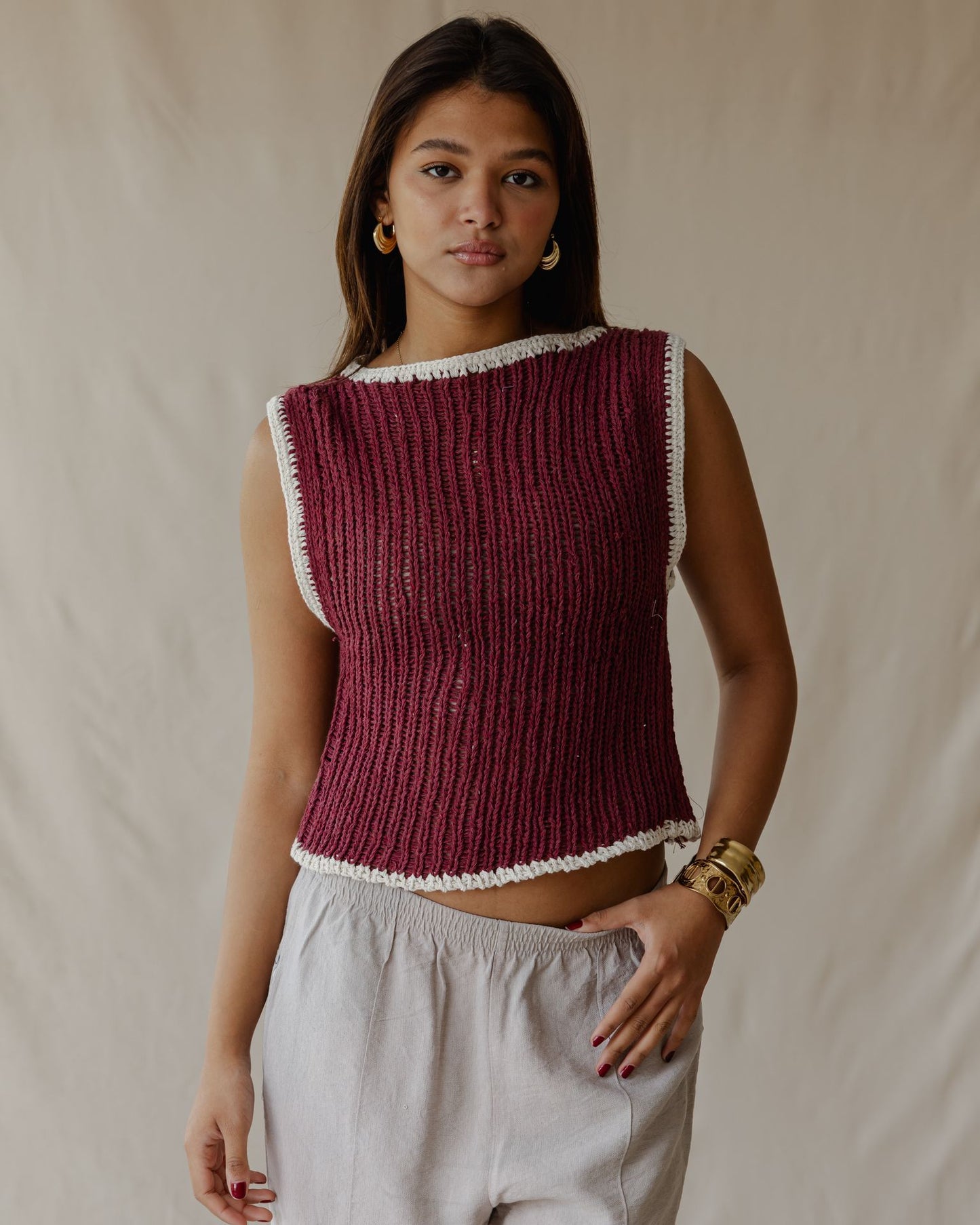Haut en crochet contrasté bordeaux