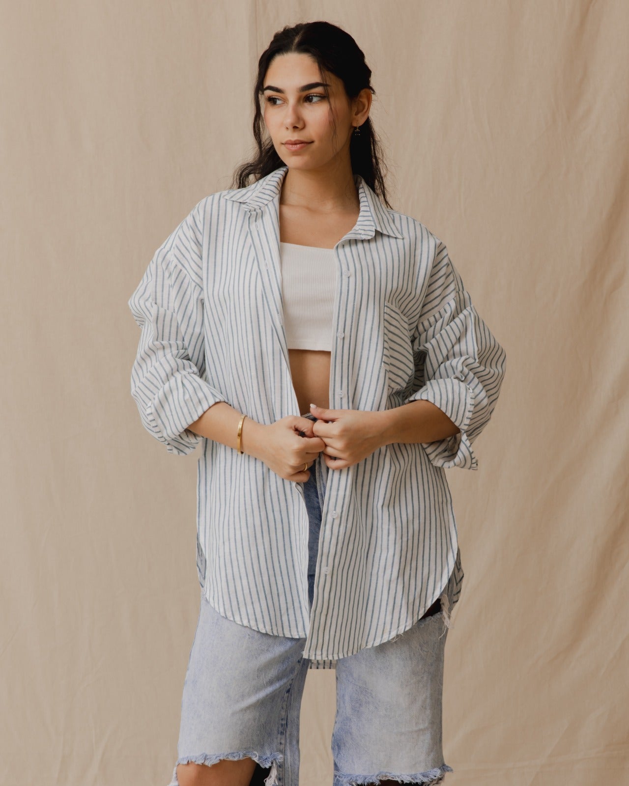 Linho Oversized Camisa Despojada Azul
