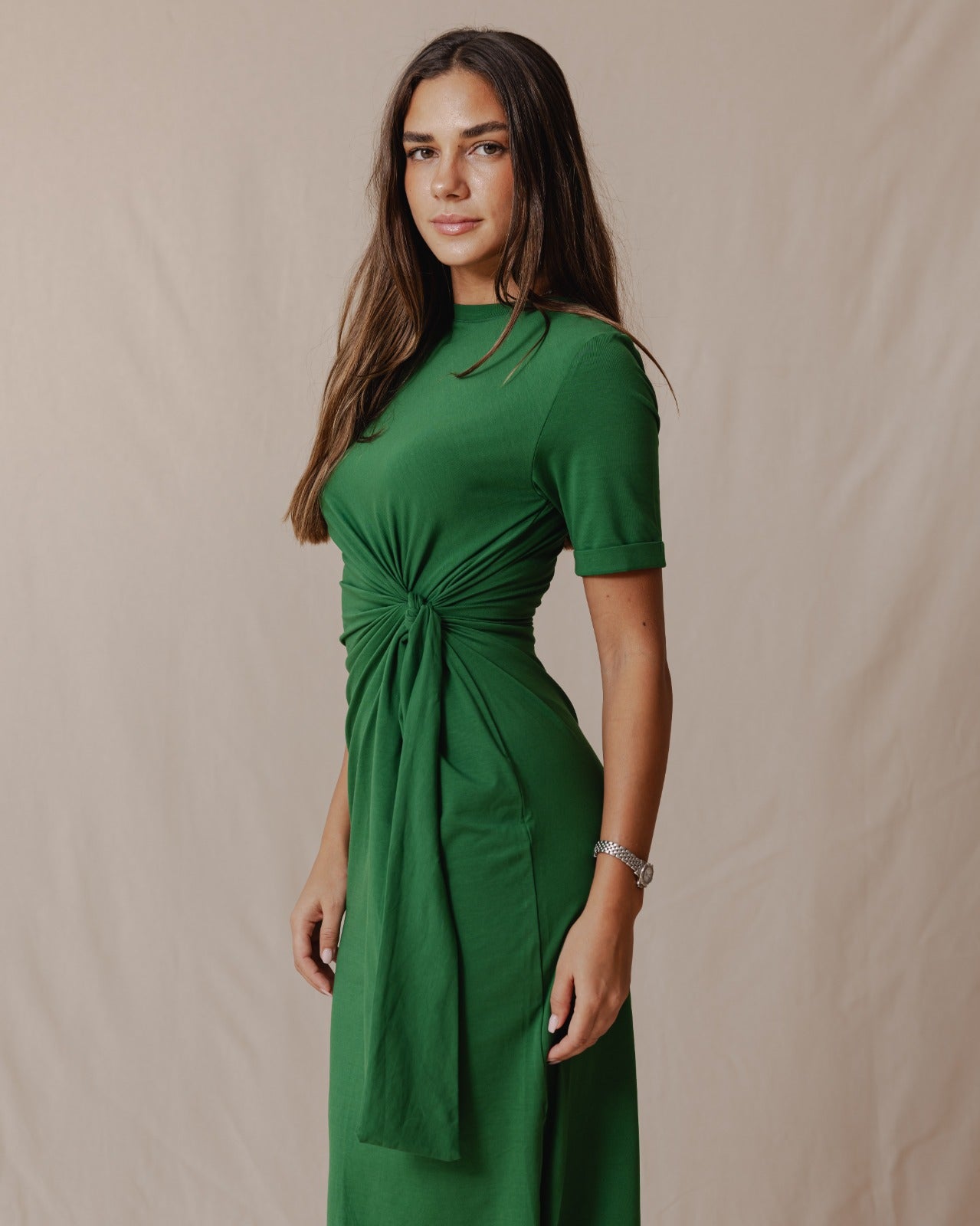 Vestito in cotone con cravatta laterale verde