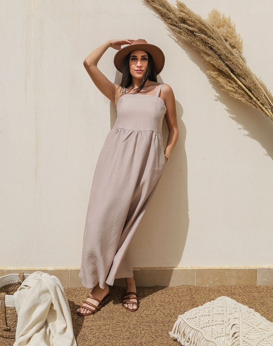 Abito midi in lino beige