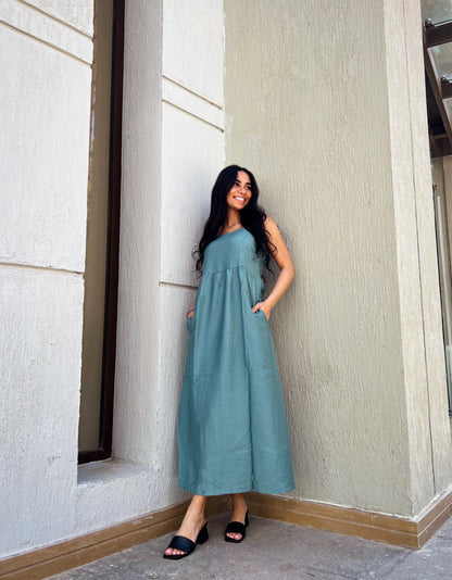 Vestido midi de lino oliva