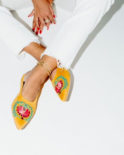Pointy Mules Mustard Peacock