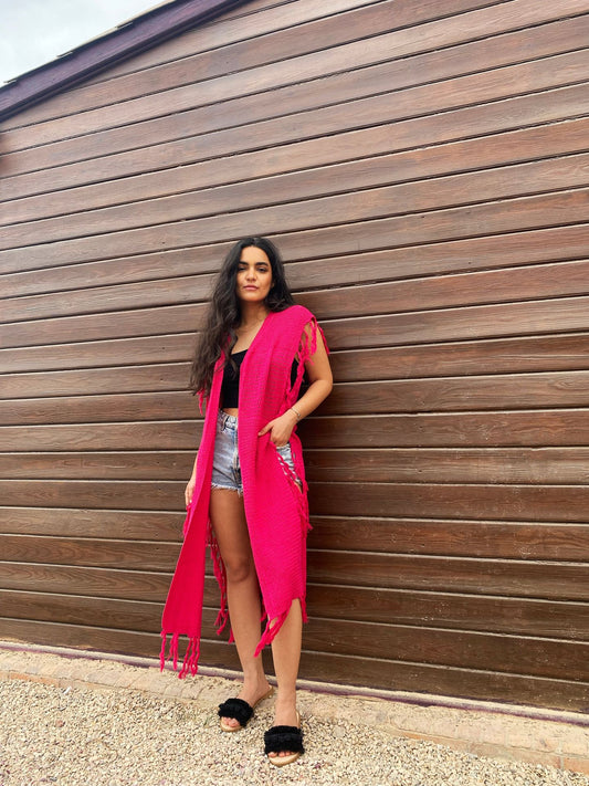 Camilia Fringe Long Vest Fuschia