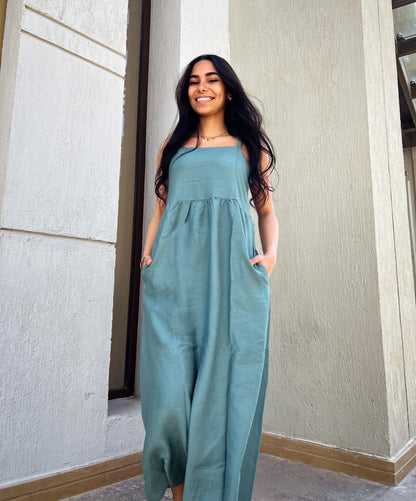 Vestido midi de lino oliva