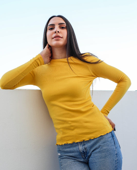 Long Sleeved Ribbed Top Bright Mustard